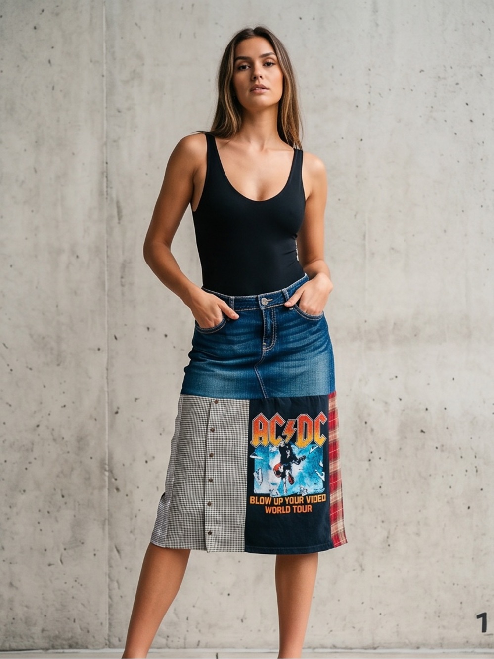 BKE Upcycled Denim Patchwork graphic plaid, AC/DC Denim Maxi Skirt Size Large